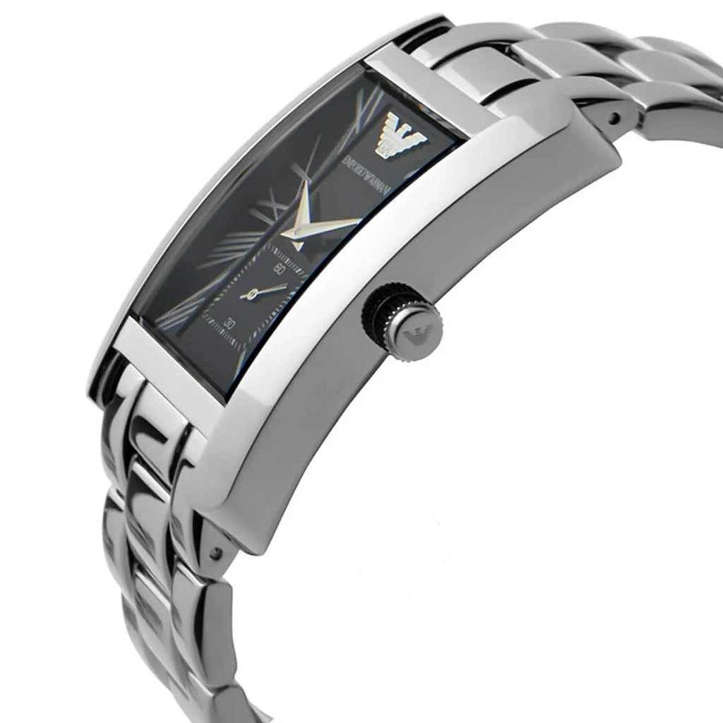 Emporio Armani AR0156 rectangular silver watch angled view with black dial