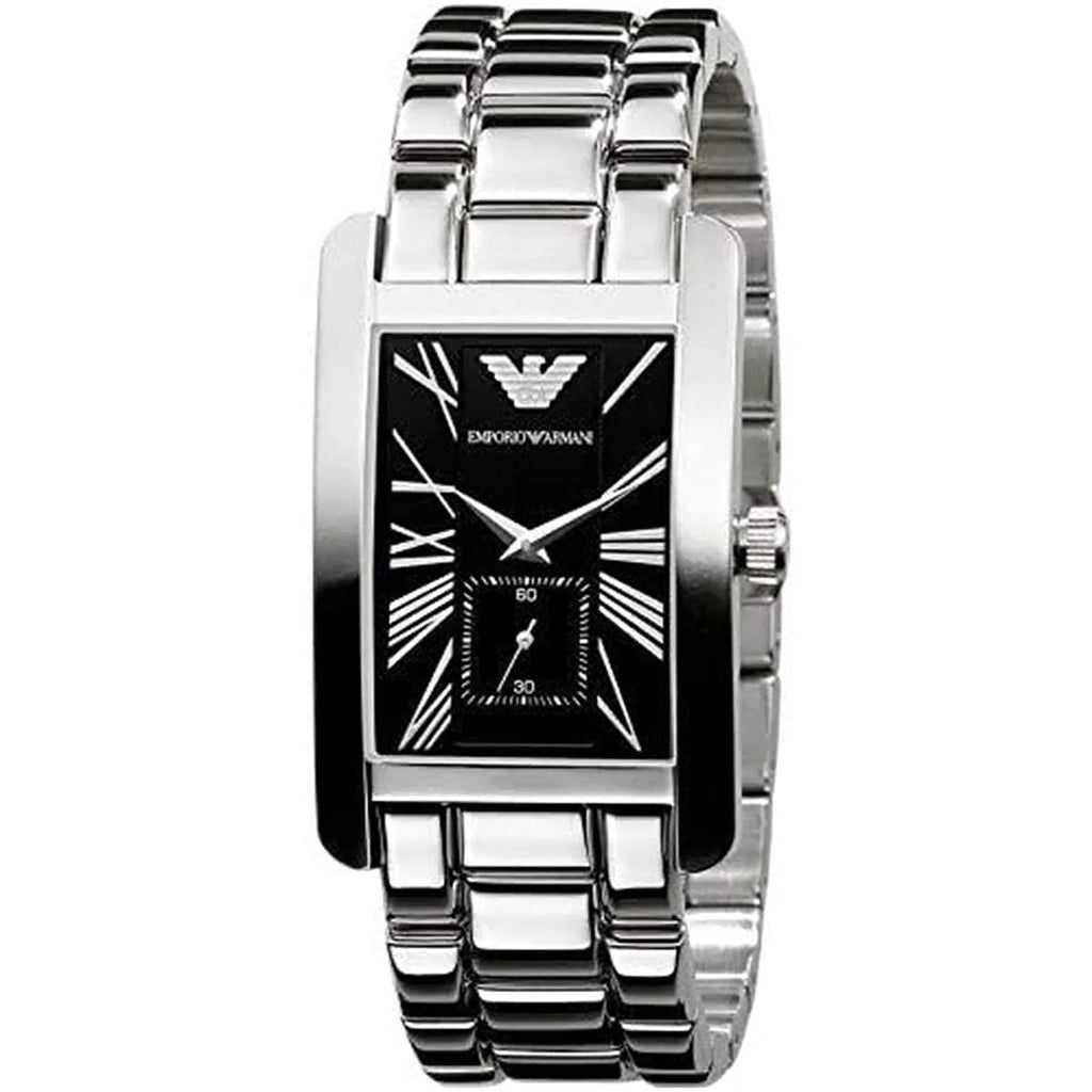 Emporio Armani AR0156 watch close-up with black dial and rectangular silver case