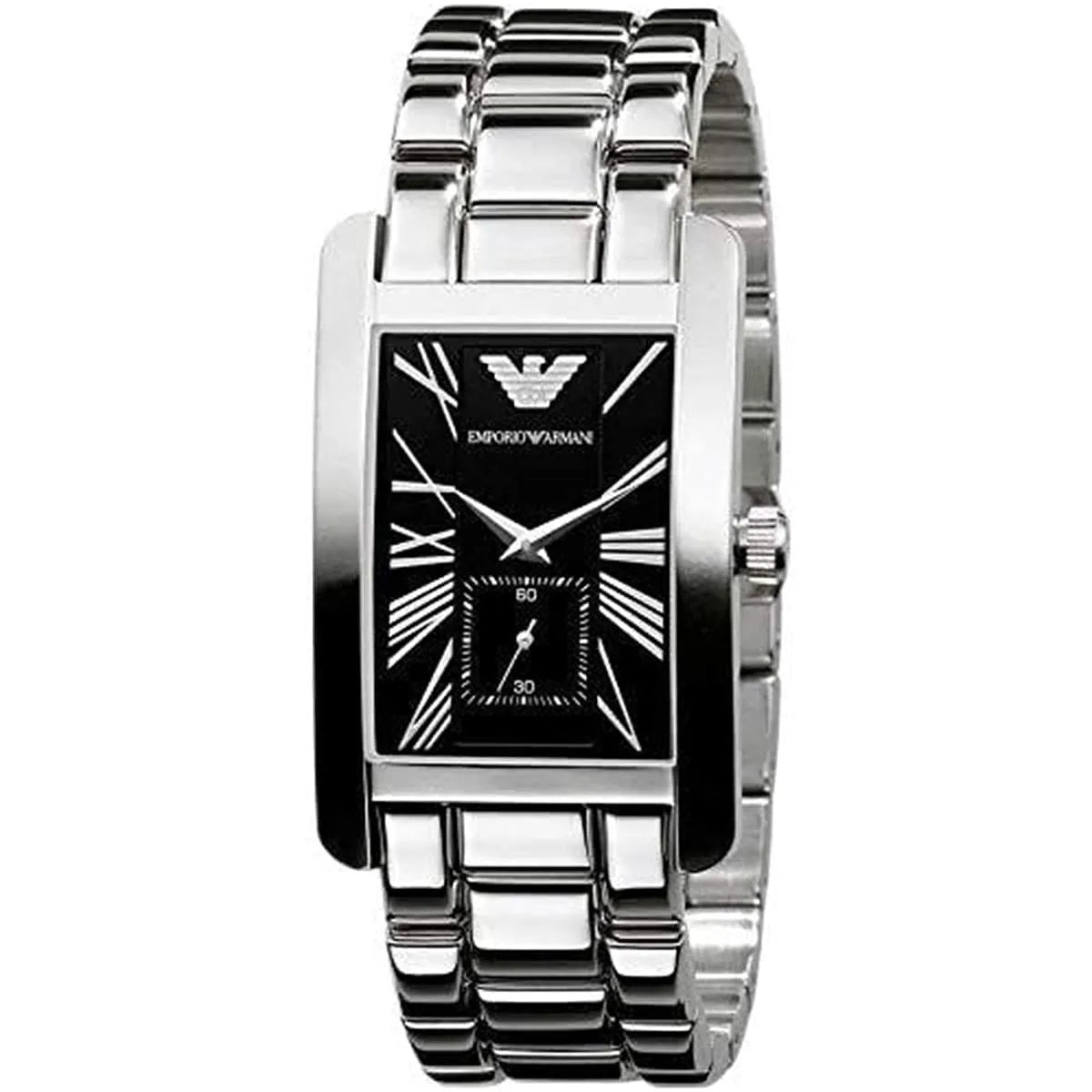 Emporio Armani AR0156 watch close-up with black dial and rectangular silver case