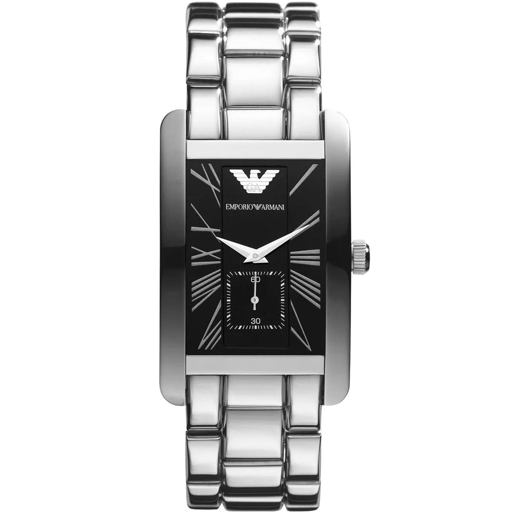 Emporio Armani AR0156 men’s rectangular silver watch front view with black dial
