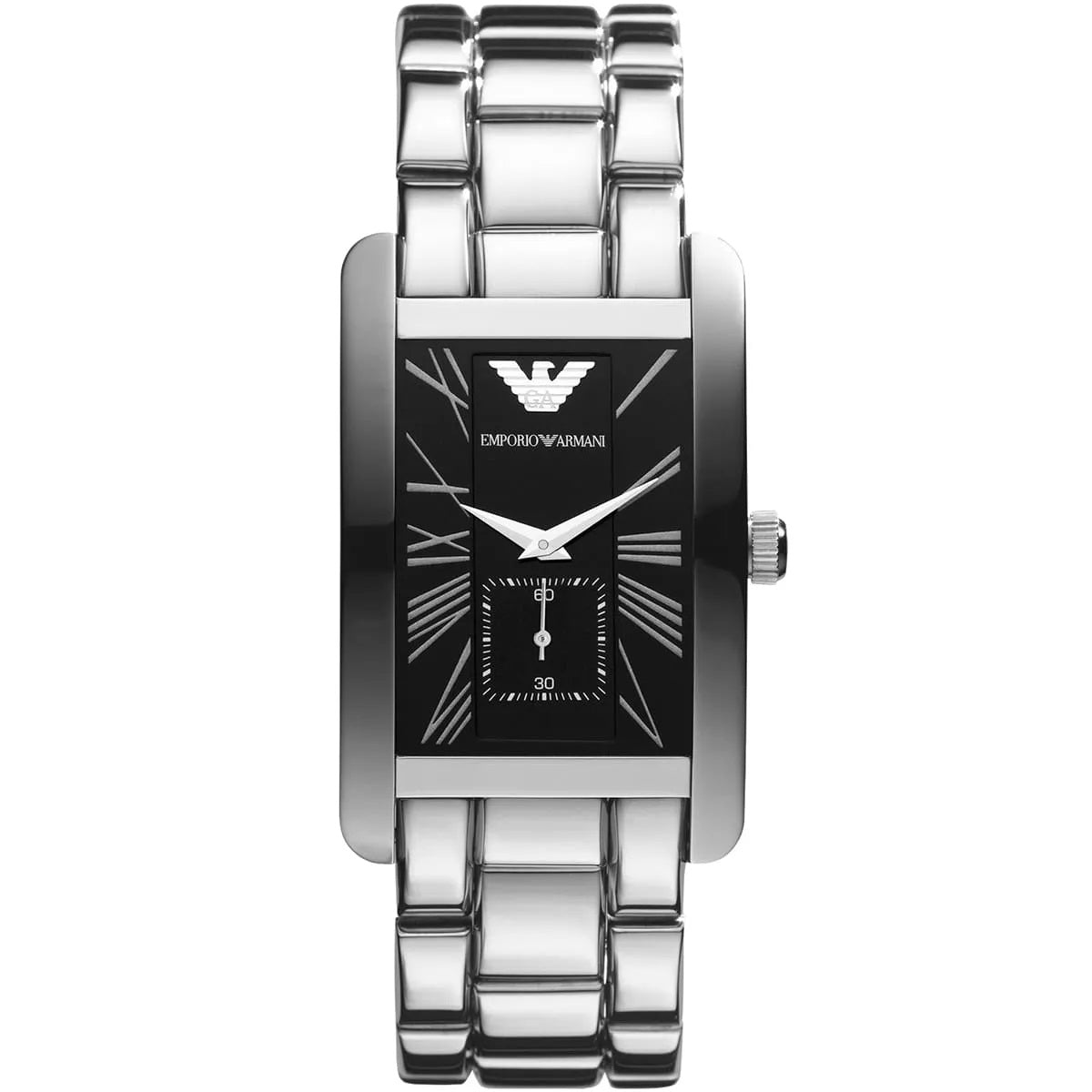 Emporio Armani AR0156 men’s rectangular silver watch front view with black dial