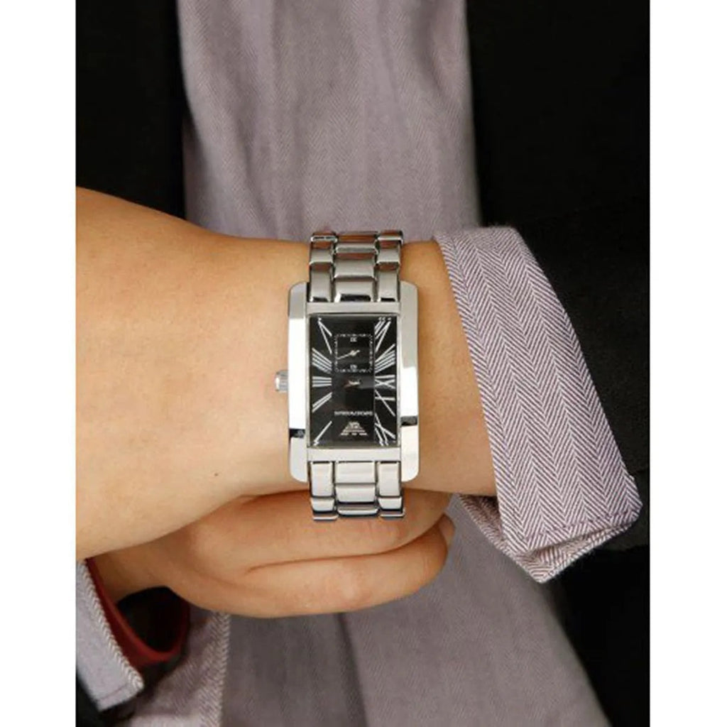 Emporio Armani AR0156 men’s rectangular silver watch on wrist with black dial