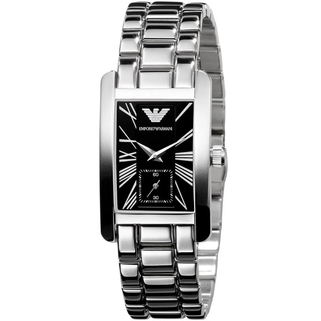 Emporio Armani AR0157 watch close-up with black dial and silver bracelet