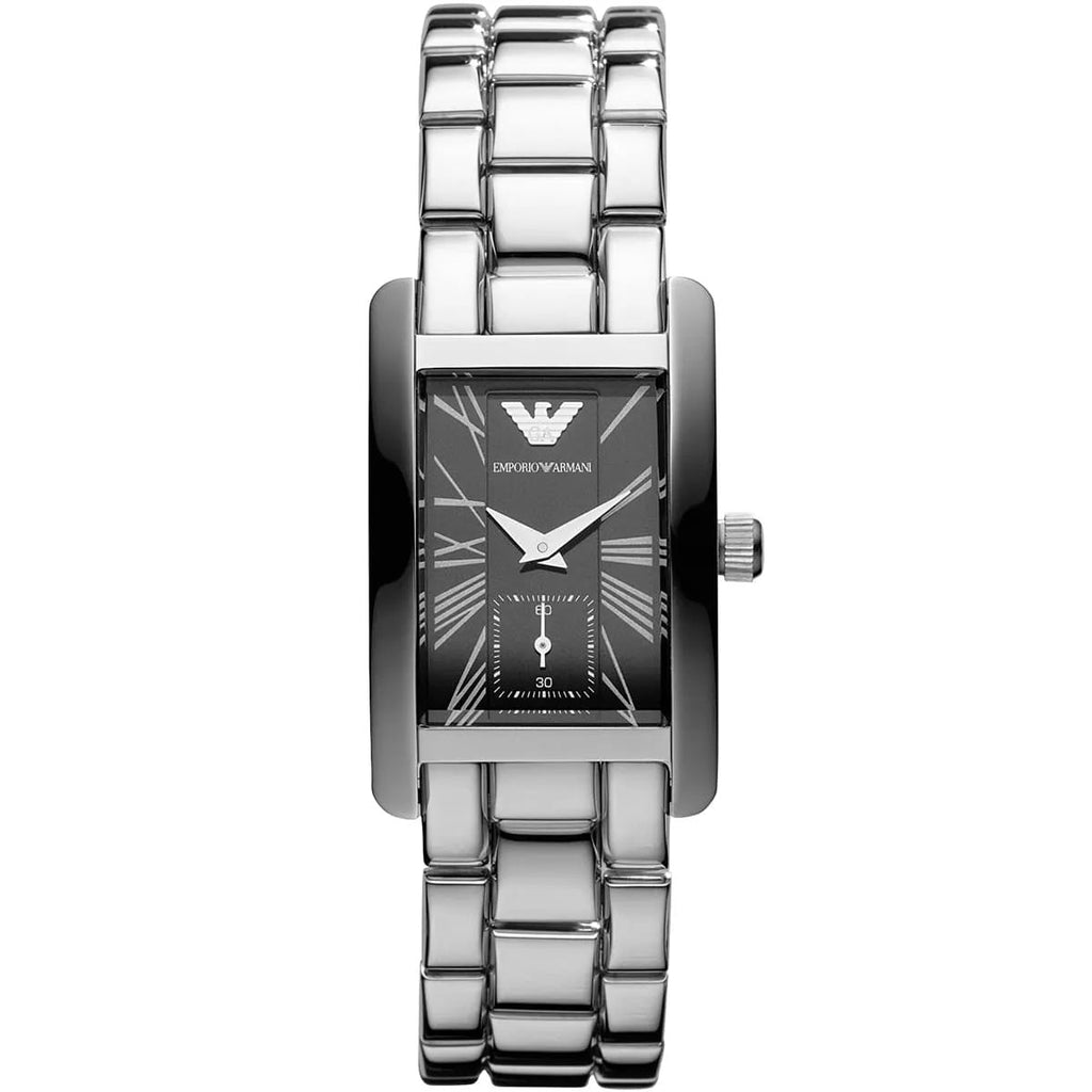 Emporio Armani AR0157 women’s rectangular silver watch front view with black dial