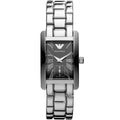 Emporio Armani AR0157 women’s rectangular silver watch front view with black dial