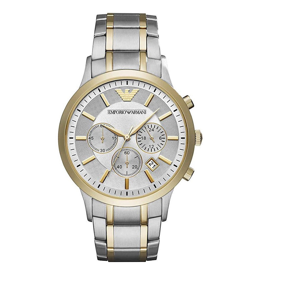 Emporio Armani AR11076 Renato two-tone watch front view with silver dial