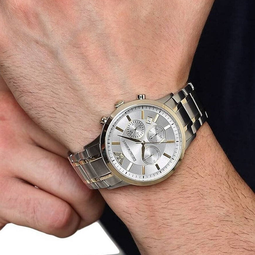 Emporio Armani AR11076 silver dial watch close-up on wrist