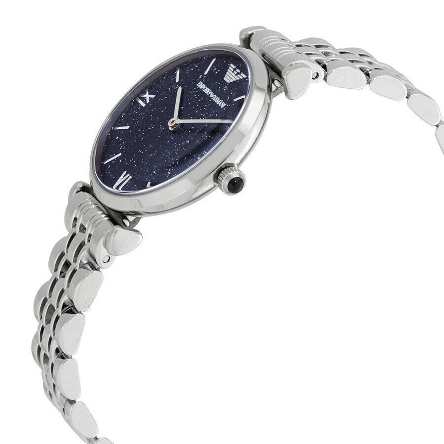 Emporio Armani AR11091 angled view with blue dial and silver bracelet