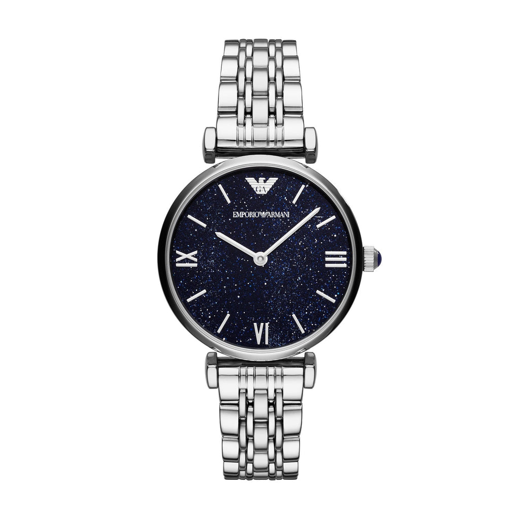 Emporio Armani AR11091 Gianni T-Bar watch front view with blue dial and silver bracelet