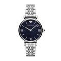 Emporio Armani AR11091 Gianni T-Bar watch front view with blue dial and silver bracelet