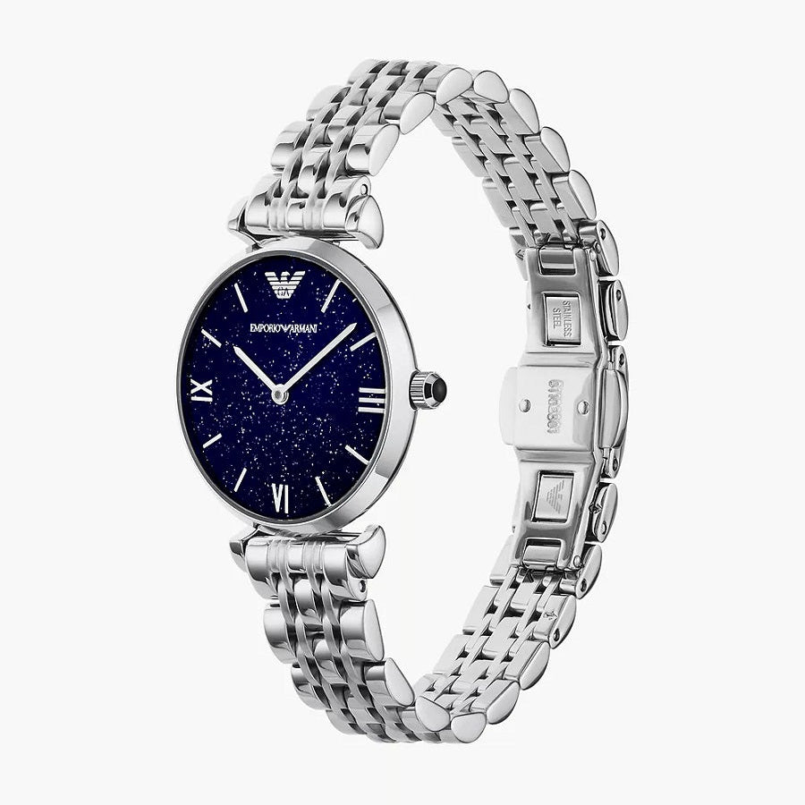 Emporio Armani AR11091 women’s watch with silver strap and blue dial
