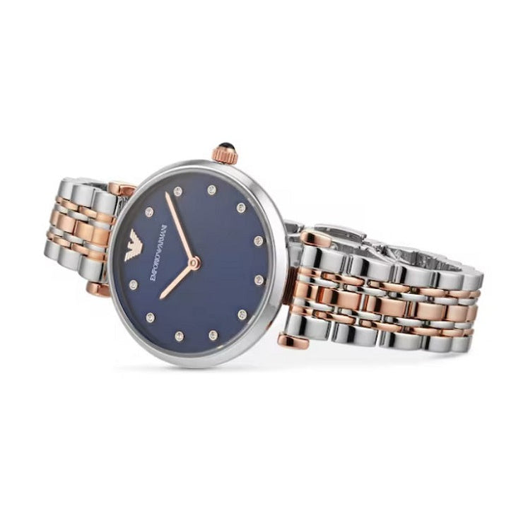 Emporio Armani AR11092 blue dial close-up with rose gold detail