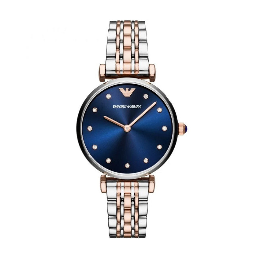 Emporio Armani AR11092 Gianni T-Bar two-tone watch front view with blue dial