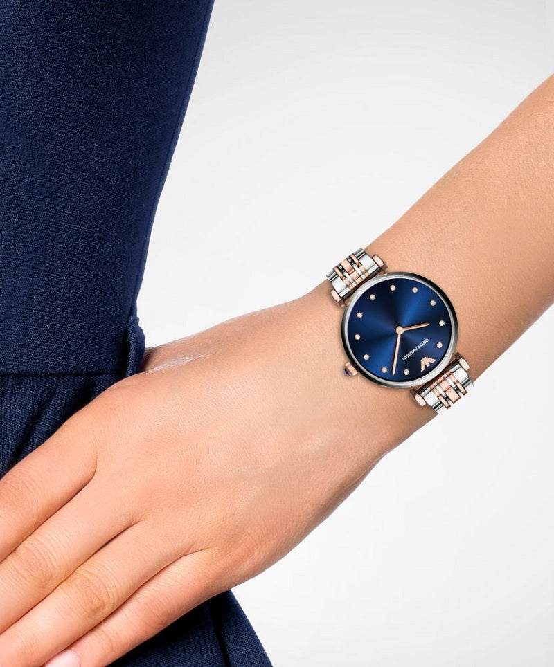 Emporio Armani AR11092 two-tone watch on wrist with blue dial