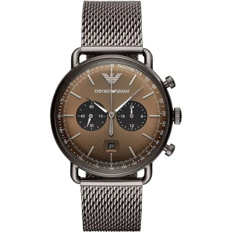 Emporio Armani AR11141 Aviator watch brown dial close-up with gunmetal grey case