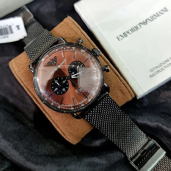Emporio Armani AR11141 Aviator watch on display pillow with grey mesh bracelet