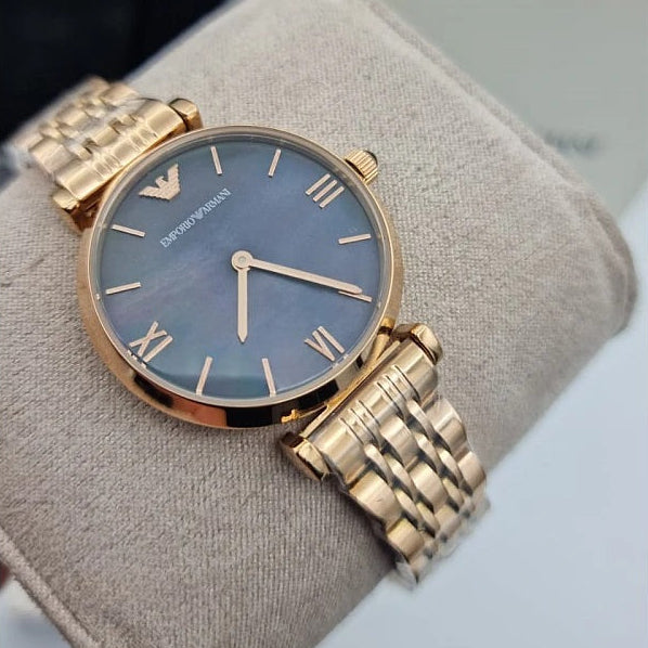Emporio Armani AR11145 black dial close-up with rose gold case