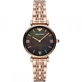 Emporio Armani AR11145 Gianni T-Bar watch front view with black dial and rose gold bracelet