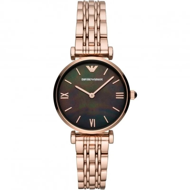 Emporio Armani AR11145 Gianni T-Bar watch front view with black dial and rose gold bracelet