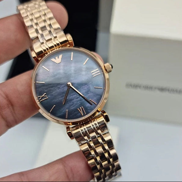 Emporio Armani AR11145 women’s watch with rose gold strap and black dial