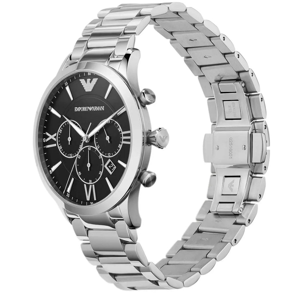 Emporio Armani AR11208 angled view with black dial and silver bracelet