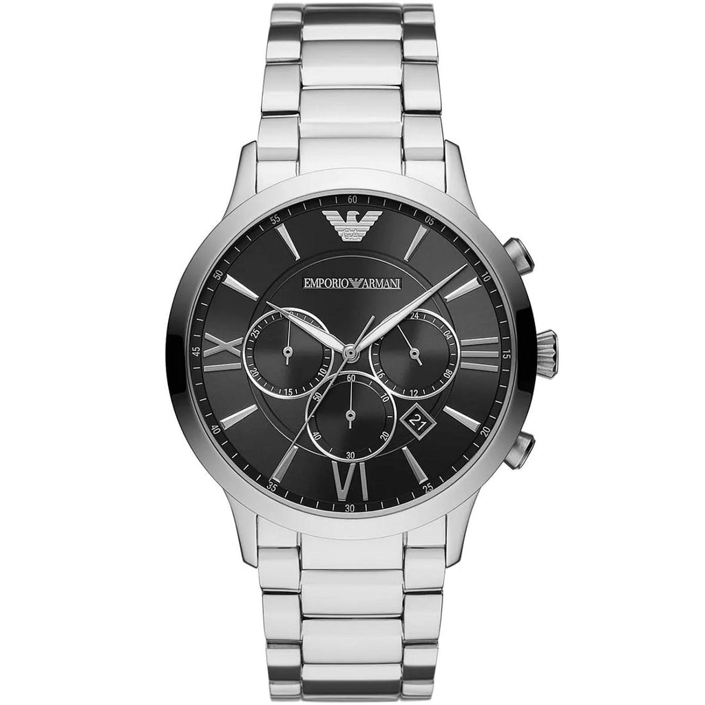 Emporio Armani AR11208 Giovanni watch front view with black dial and silver bracelet