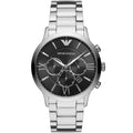 Emporio Armani AR11208 Giovanni watch front view with black dial and silver bracelet