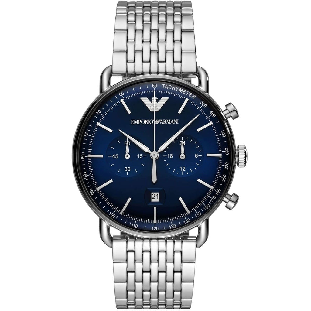 Emporio Armani AR11238 Aviator watch front view with blue dial and silver bracelet