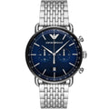 Emporio Armani AR11238 Aviator watch front view with blue dial and silver bracelet