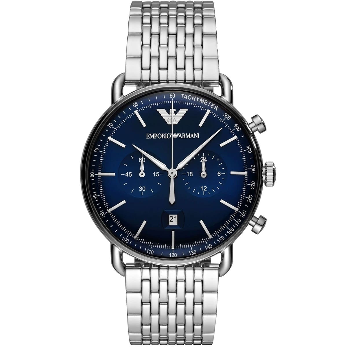 Emporio Armani AR11238 Aviator watch front view with blue dial and silver bracelet