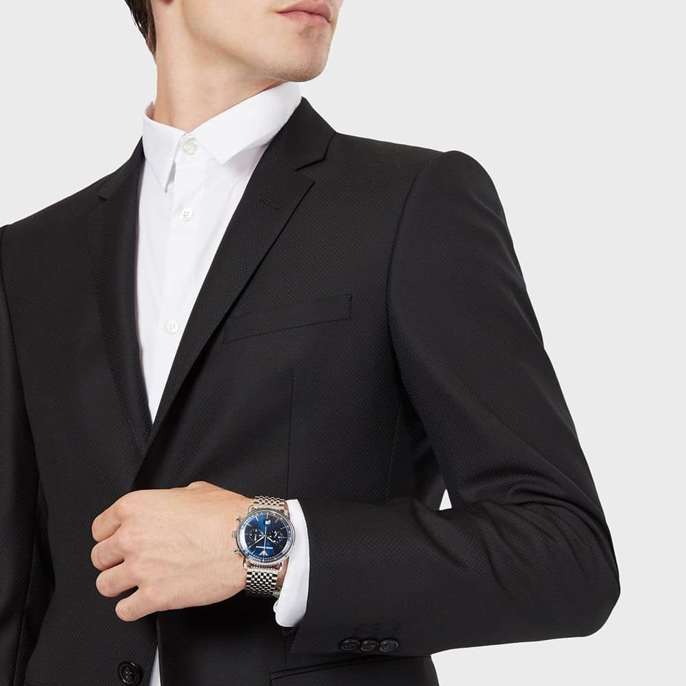 Emporio Armani AR11238 Aviator watch on wrist with blue dial