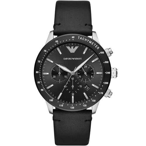 Emporio Armani AR11243 Mario watch front view with black dial and leather strap