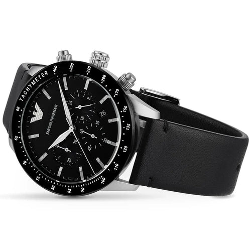 Emporio Armani AR11243 men’s watch with black leather strap and black dial