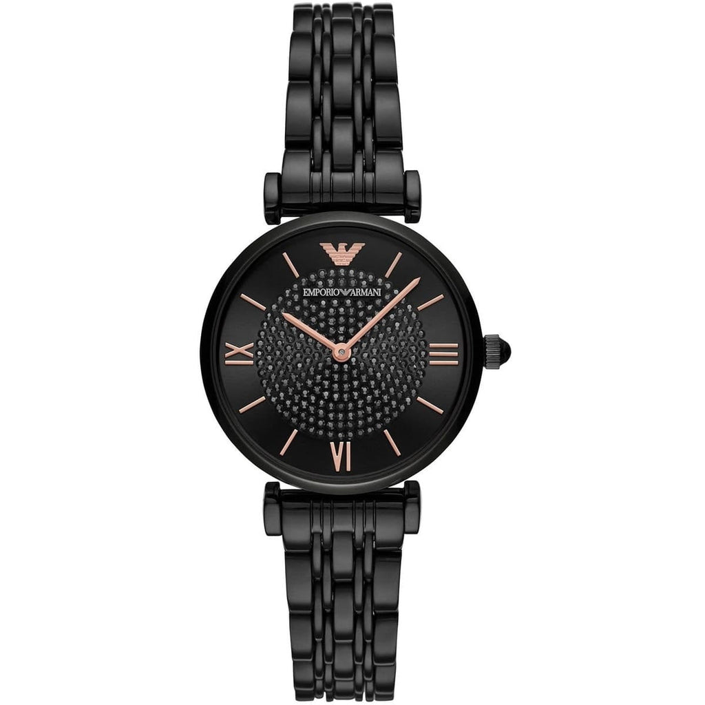 Emporio Armani AR11245 Gianni T-Bar black watch front view with crystal dial