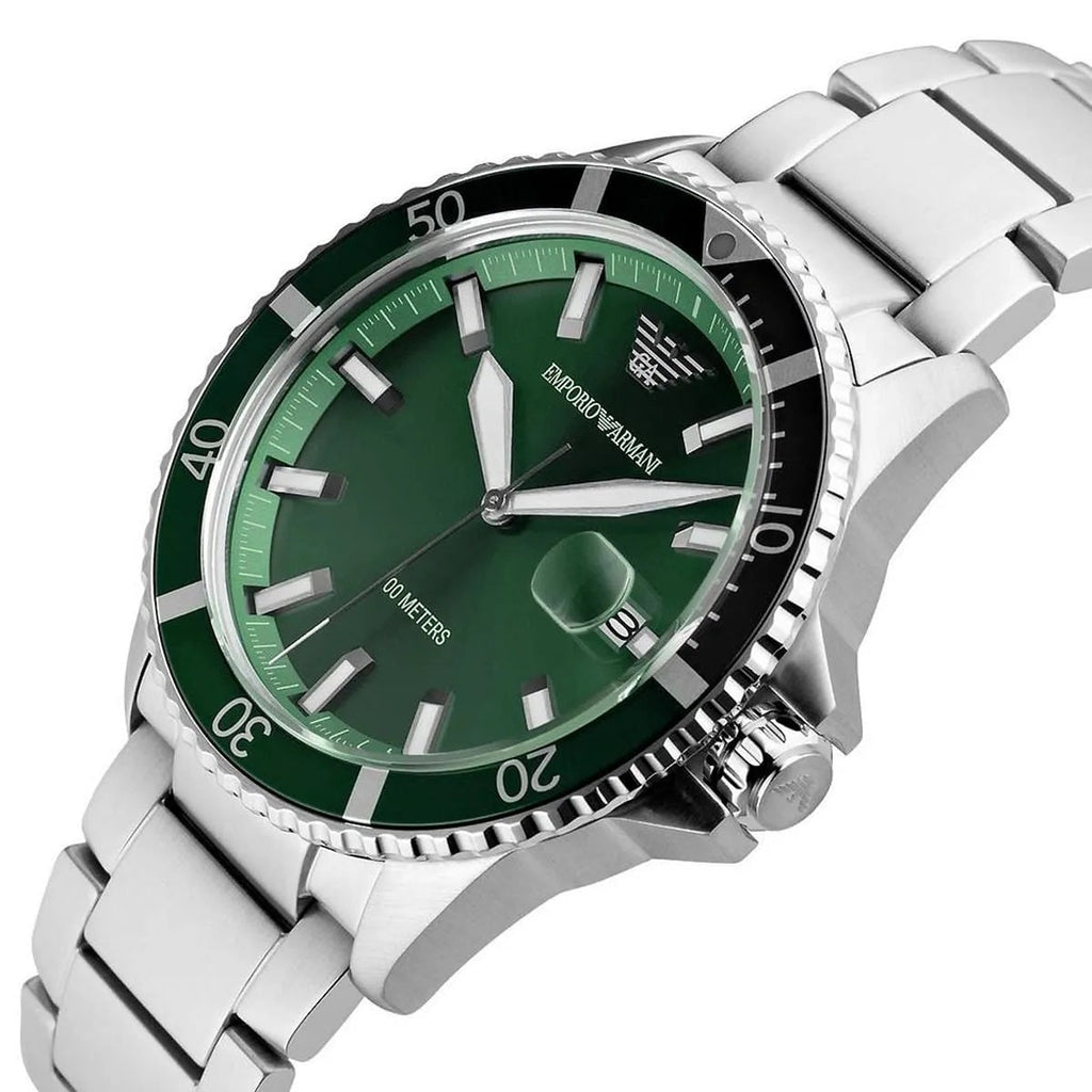 Emporio Armani AR11338 green diver dial close-up