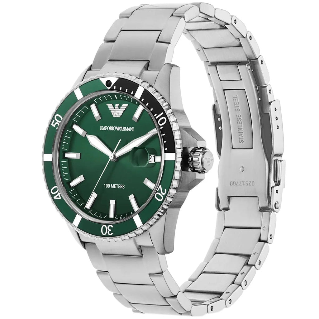 Emporio Armani AR11338 men’s watch with silver strap and green dial