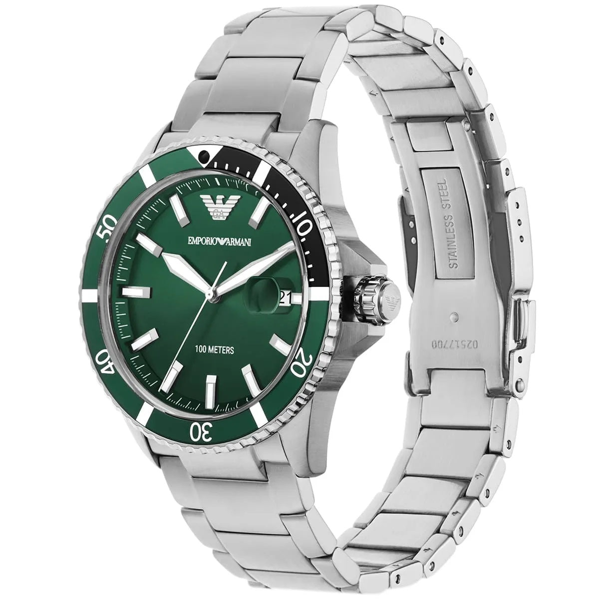 Emporio Armani AR11338 men’s watch with silver strap and green dial