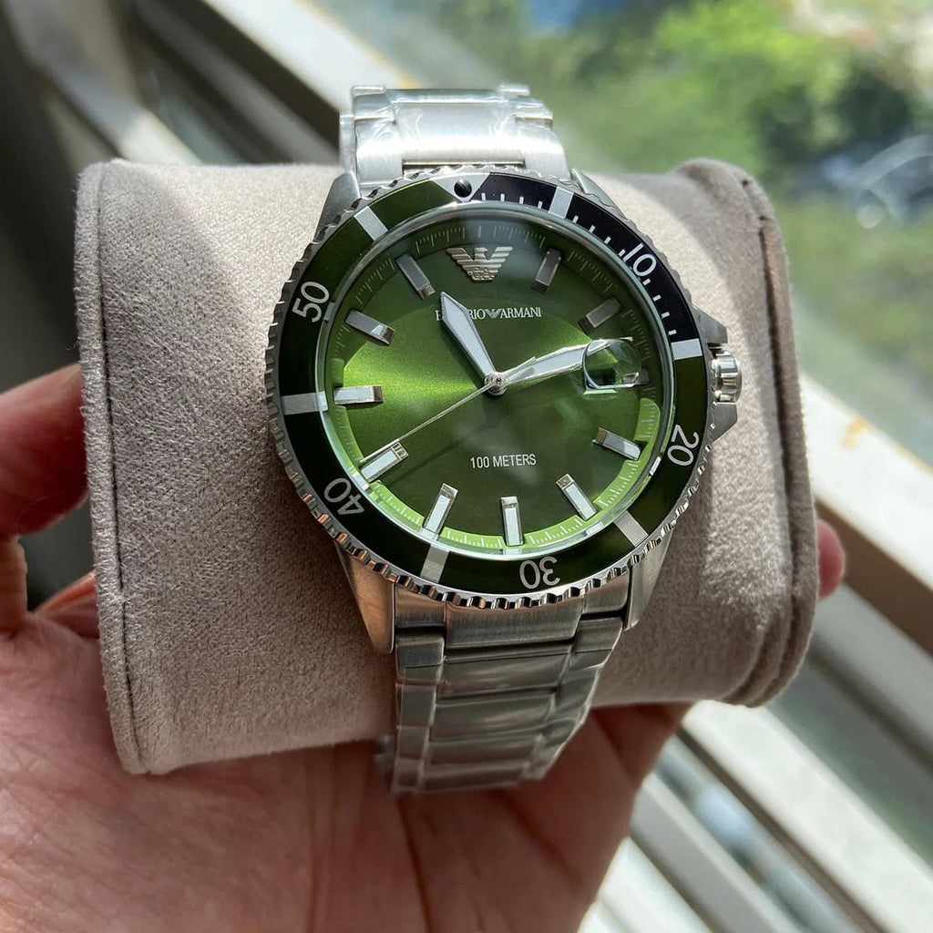 Emporio Armani AR11338 watch on branded pillow display