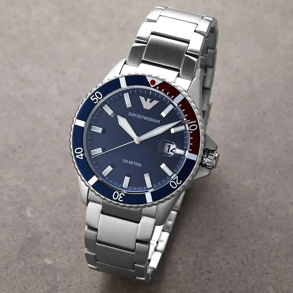 Emporio Armani AR11339 angled view with blue dial and silver bracelet