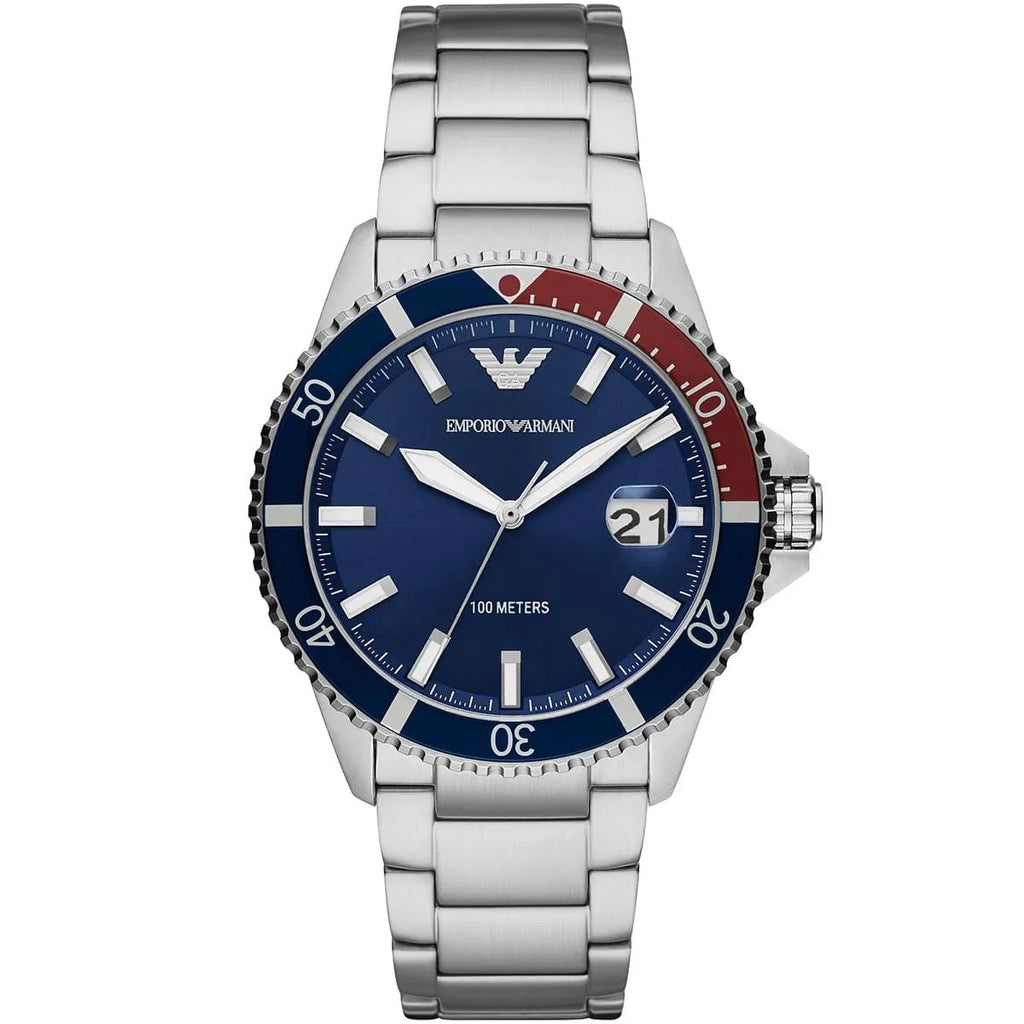 Emporio Armani AR11339 Diver watch front view with blue dial and silver bracelet