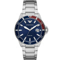 Emporio Armani AR11339 Diver watch front view with blue dial and silver bracelet