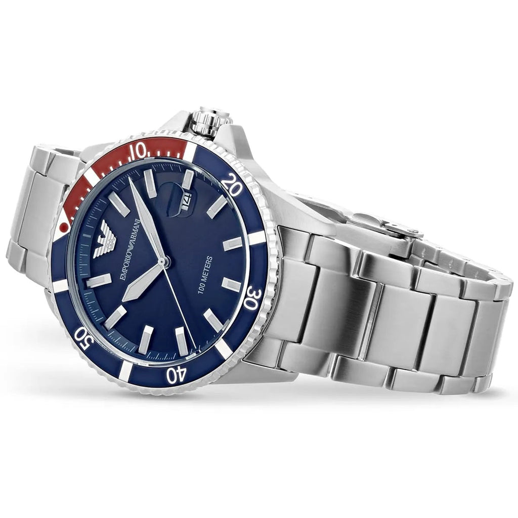 Emporio Armani AR11339 men’s diver watch with silver strap and blue dial