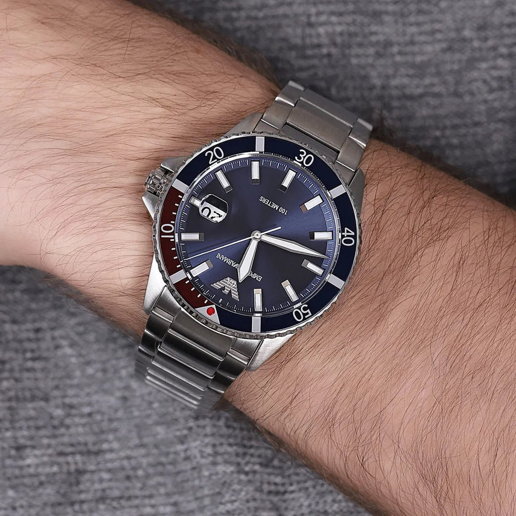 Emporio Armani AR11339 Diver watch on wrist with blue dial
