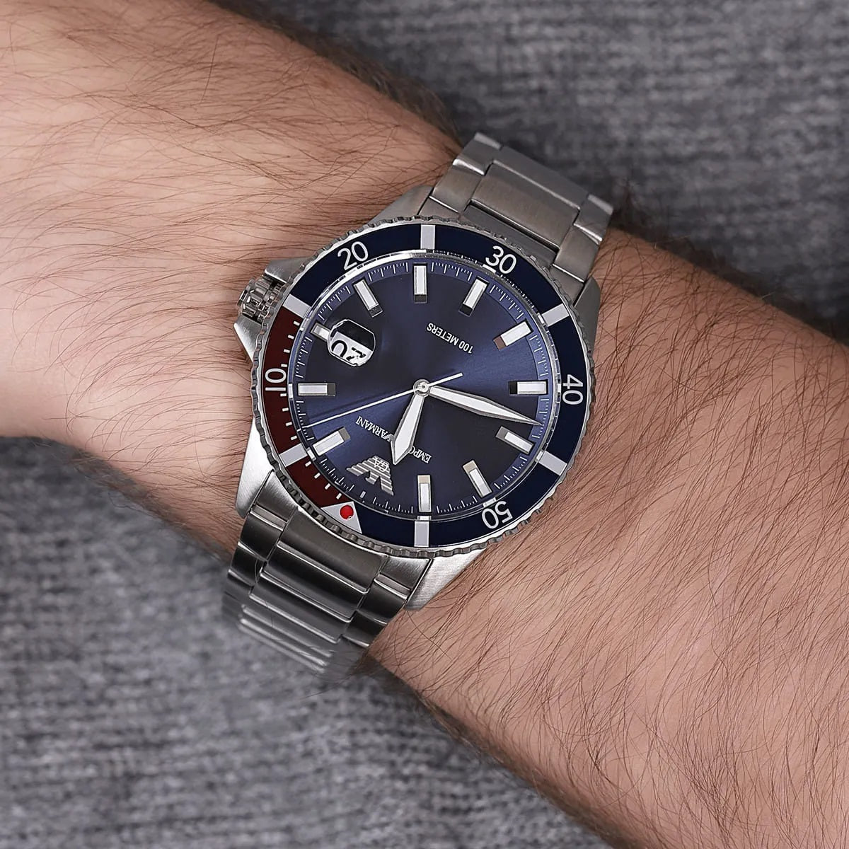 Emporio Armani AR11339 Diver watch on wrist with blue dial