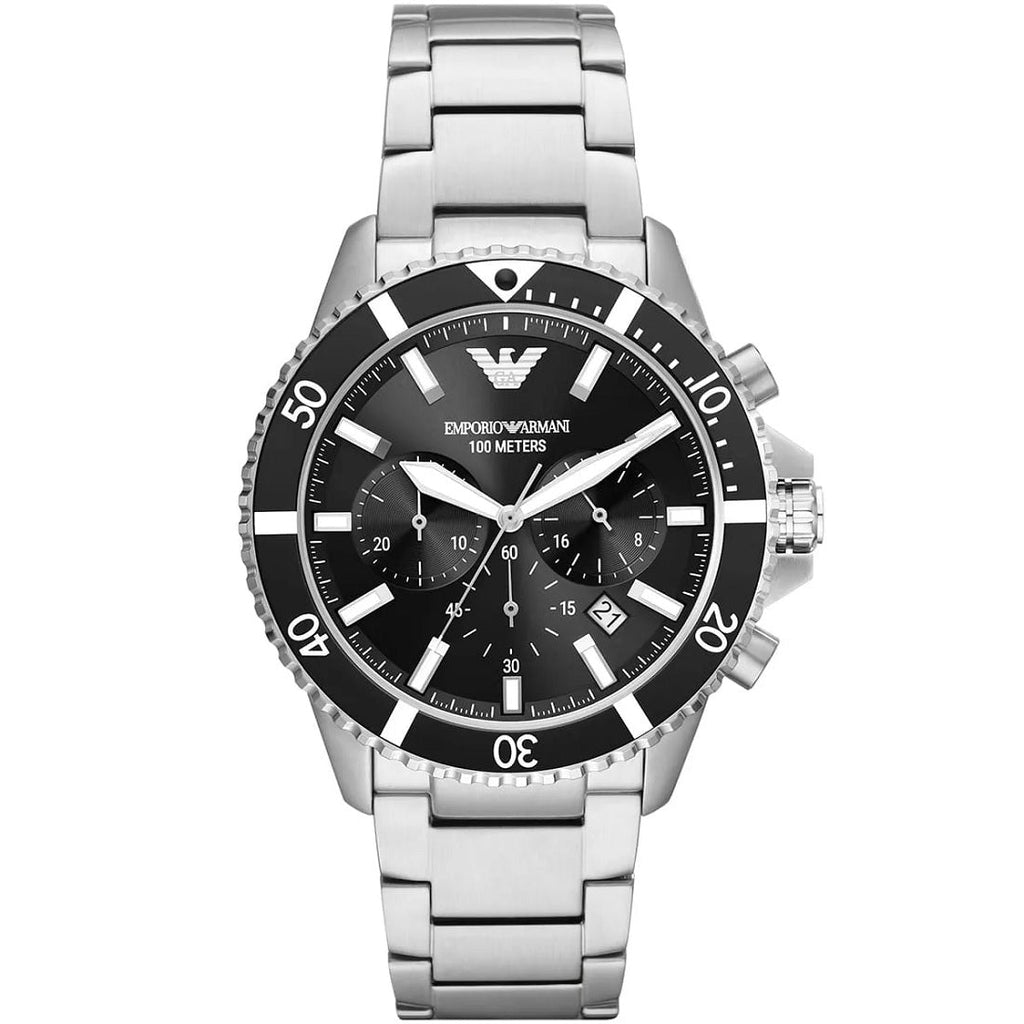 Emporio Armani AR11360 Diver watch front view with black dial and silver bracelet