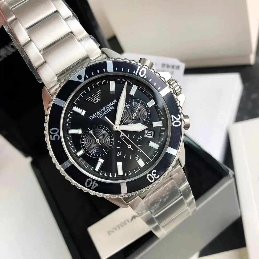 Emporio Armani AR11360 men’s diver watch with silver bracelet and black dial