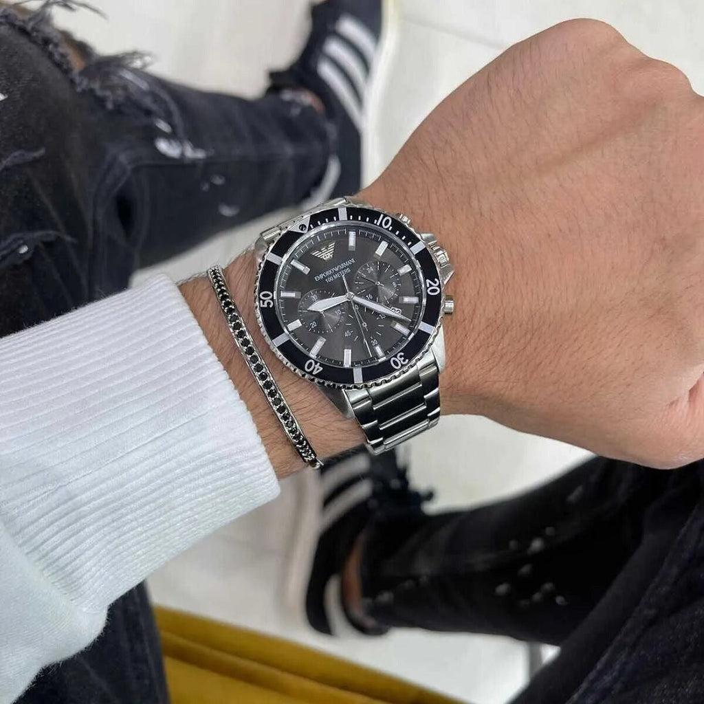 Emporio Armani AR11360 black dial watch on wrist close-up