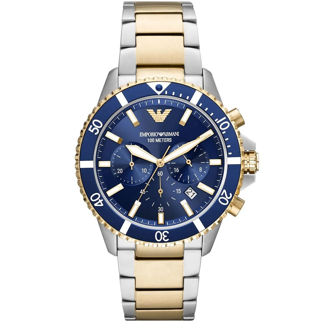 Emporio Armani AR11362 Diver two-tone watch front view with blue dial