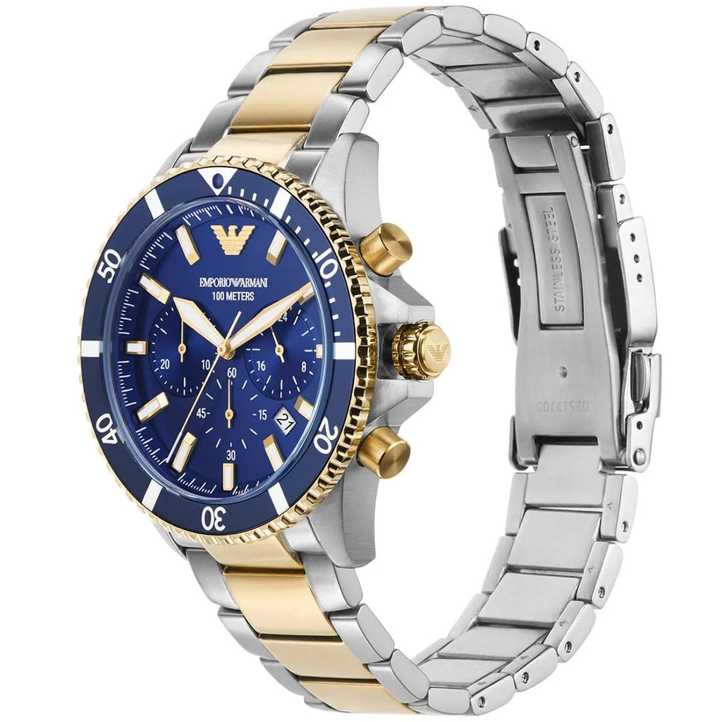 Emporio Armani AR11362 men’s diver watch with silver and gold strap and blue dial