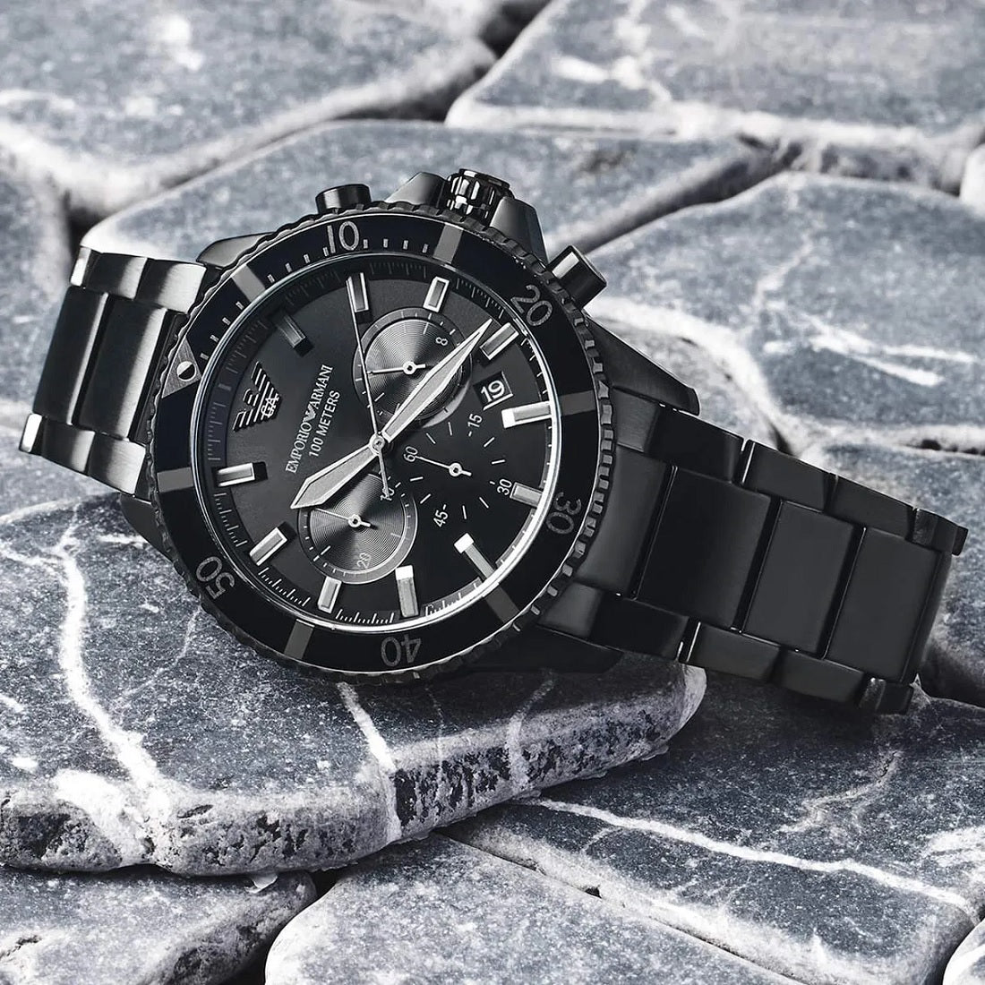 Emporio Armani AR11363 angled view with black dial and black bracelet